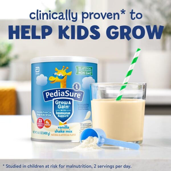 PediaSure Grow & Gain with Immune Support Shake Mix Powder, 23 Vitamins & Minerals, 6g Protein, Non-GMO, Gluten-Free, Vanilla, 14.1 oz Can, Pack of 3-24 servings - Image 9