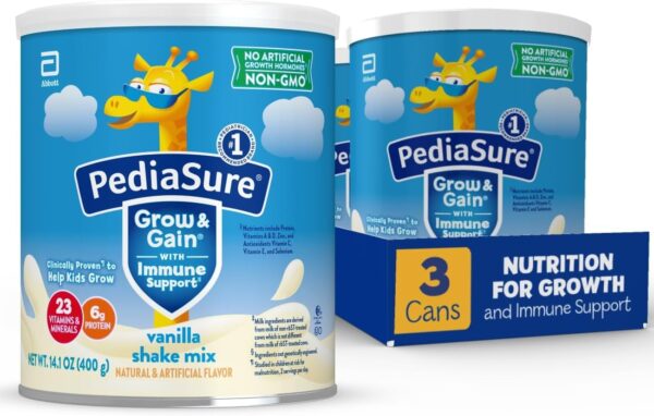 PediaSure Grow & Gain with Immune Support Shake Mix Powder, 23 Vitamins & Minerals, 6g Protein, Non-GMO, Gluten-Free, Vanilla, 14.1 oz Can, Pack of 3-24 servings