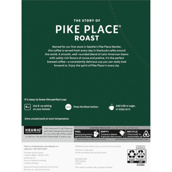 Starbucks K-Cup Coffee Pods, Medium Roast Coffee, Pike Place Roast for Keurig Brewers, 100% Arabica, 4 boxes (96 pods total) - Image 8