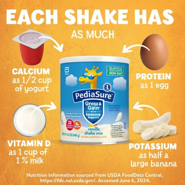 PediaSure Grow & Gain with Immune Support Shake Mix Powder, 23 Vitamins & Minerals, 6g Protein, Non-GMO, Gluten-Free, Vanilla, 14.1 oz Can, Pack of 3-24 servings - Image 6